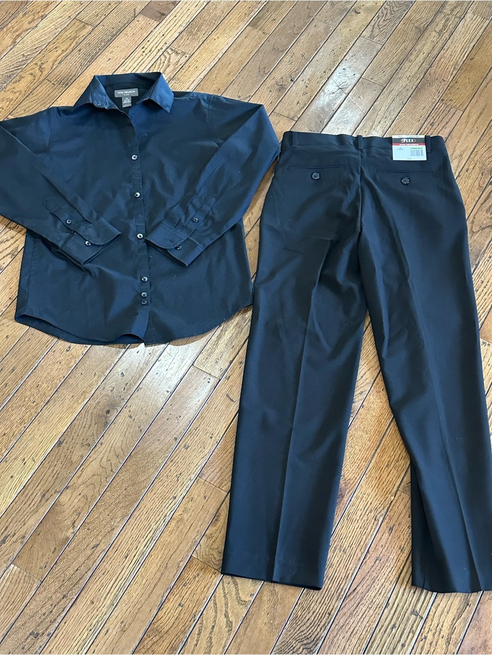 Van Heusen Boys Black Dress Outfit | Shirt 10/12 & NEW Flex Pants Size 12